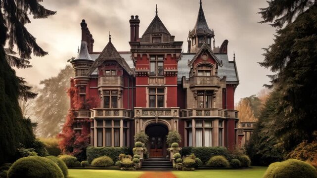 Majestic Gothic mansion captured from a low-angle, framed by lush greenery, evoking a mysterious, cinematic video feel with moody lighting. Live desktop wallpaper.