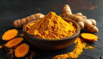 Golden Turmeric Powder in Bowl with Root