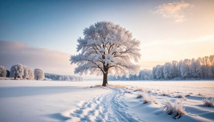 Majestic Snow Covered Tree Stands Alone in a Vast Winter Field Under a Golden Sunrise Sky with a Winding Footpath Leading Through Pristine Snow