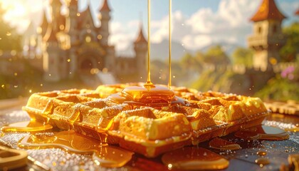 Golden Waffles with Syrup and Fairytale Castle Background