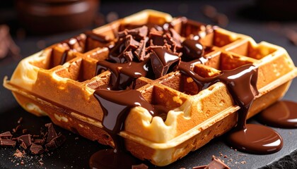 Golden Waffles Drizzled with Melted Chocolate