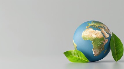 Fototapeta premium Earth Globe Surrounded by Green Leaves on a Clean Gray Background Representing Environmental Awareness and Sustainability