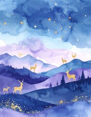 Sanfte Aquarell-Skyline in Blau- und Violetttönen, mit goldfarbenen Rentier-Silhouetten und Sternen