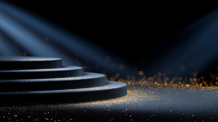 Dark, circular, tiered podium illuminated by soft spotlights with golden particles scattered around, creating a luxurious and elegant atmosphere