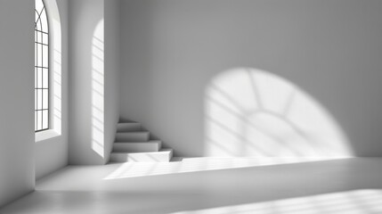 Obraz premium Bright Minimalist Interior with Staircase and Arch Window Casting Shadows on White Walls