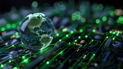 Global Technology Concept with Earth Globe on Circuit Board Featuring Green Lights and Digital Connections