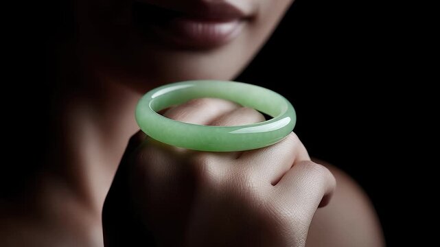 Warm jade bracelet flowing between fingers with oriental aesthetic conception