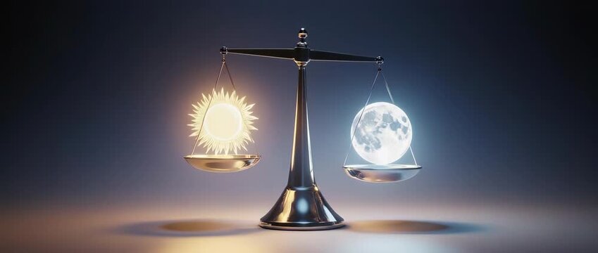 A symbolic animation of a scale balancing the sun and moon, representing the equinox. This minimalist, seamless loop is ideal for concepts of balance, harmony, and equality.