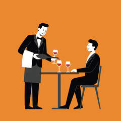Obraz premium Flat vector of waiter pouring wine for seated customer against orange background