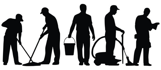 Cleaning Crew in Action: Silhouetted against a pristine backdrop, a dedicated cleaning crew demonstrates a variety of tasks, highlighting the essential role of cleanliness and sanitation.