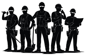 Construction Crew Silhouette: A cohesive silhouette of a construction crew ready for work, standing tall, emphasizing teamwork and skilled craftsmanship.