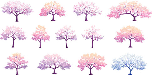 Pastel pink and purple cartoon tree illustrations in seasonal bloom style, ideal for spring themes, romantic art, and decorative designs.