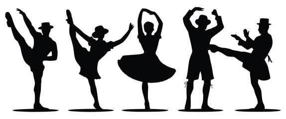 Dancing Silhouettes: Five dancers showcase grace and energy through dynamic poses, their silhouettes against a clean backdrop, emphasizing fluidity and expression.
