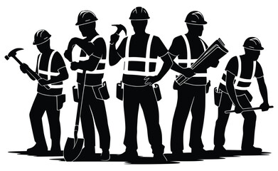 Construction Crew Silhouette: The image features a determined silhouette of construction workers, each with their essential tools of the trade, ready to build and create.