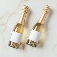 Minimalist mockup with two champagne mini bottles and blank labels on plain background. Top view.