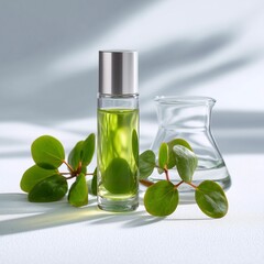 transparent glass vial with a metallic silver cap filled with green-tinted Brahmi extract, elegantly placed beside fresh green Brahmi leaves and a small glass beaker containing herbal solution.