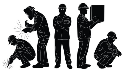 Industrial Workers in Silhouette: A striking silhouette captures the essence of hardworking industrial workers. Depicting different poses and jobs.