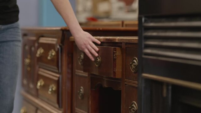A person is reaching for a wooden drawer in a vintage dresser to check for damage in a furniture restoration warehouse.