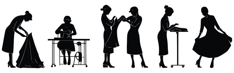 Silhouette of Couture Craftsmanship: Elegant silhouettes depict skilled seamstresses meticulously engaged in the art of haute couture, showcasing each step of the creation process.