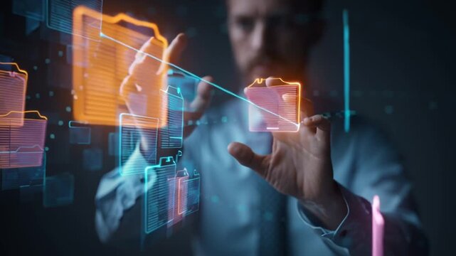 Hands Interact With Digital File Folders in a Modern Workspace Generative AI