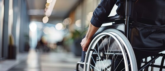 Closeup view of a person in a wheelchair moving along office hallway. Concept of accessibility, inclusion, disability, rehabilitation, independence, healthcare and equal opportunity in workplace.