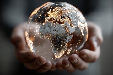 Holding a glass earth globe showing Africa and Europe with city lights shining brightly in the darkness representing connection