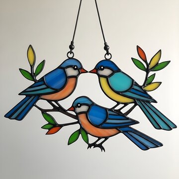 Three Colorful Stained Glass Birds Perched on Branches Suncatcher.