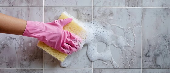 Close-up of a hand in protective pink gloves scrubbing dirty bathroom tiles with a sponge and soap foam. Concept of cleaning, hygiene, mold removal, and home chores for fresh and sanitary living.