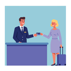 Fototapeta premium Clerk takes card from woman with luggage at hotel reception desk