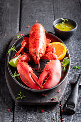 Teasty red lobster as mediterranean traditional dinner.