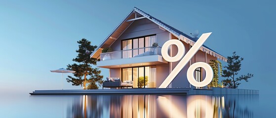Modern suburban house with a pitched roof, standing beside a large percentage symbol and coins. Conceptual image representing mortgage, housing loan, interest rate, real estate investment .