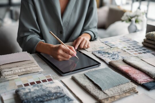 Interior designer woman sketching home decor ideas on digital tablet surrounded by fabric swatches color samples and design materials in modern creative workspace studio for renovation project.