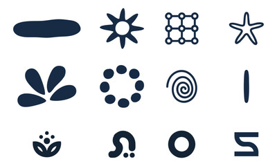 Abstract Minimalist Icons Featuring Spirals, Rings, Plants, and Shapes
