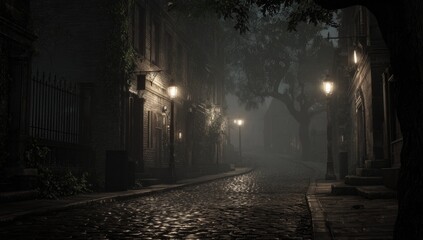 Foggy, cobblestone street at night, old buildings