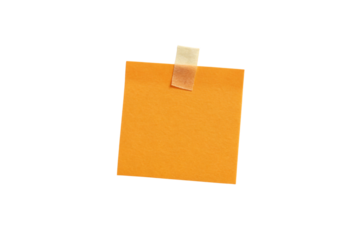 Orange sticky note with transparent tape, blank square paper, office stationery, vertical orientation, message space, isolated on a transparent background