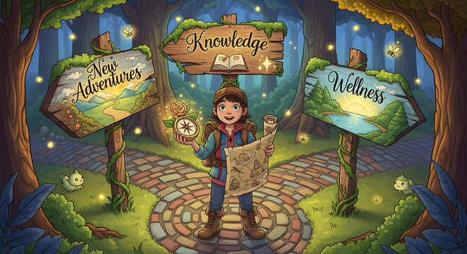 Young Explorer at Forest Crossroads Choosing Paths to Knowledge Wellness and New Adventures