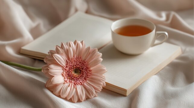 Peaceful morning with a book and tea on satin fabric for relaxation