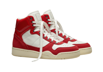 Isolated Red and White Leather High-Top Sneakers with Lace-Up Closures on a Plain Backdrop