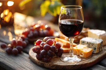 Glass of red wine placed on rustic wooden table beside fresh grapes and gourmet cheese platter representing food and lifestyle indulgence elegant dining and culinary sophistication celebration concept