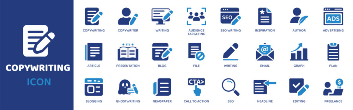Professional copywriting icons collection ,illustrating content creation, writing, SEO, marketing, and business strategy for digital communication and online success