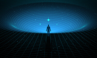 A man stands at the edge of a black hole, gazing into the depths of the universe, surrounded by stars in a mesmerizing cosmic abyss. Concept: self searching mental psychologic. Retro digital grid hole © Kateryna