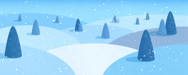 Winter landscape with snowdrifts and snowy fir trees. Vector doodle style seasonal nature background. Frosty snow hills. Game art concept. Vector illustration: Cartoon Winter snowy Mountains lands