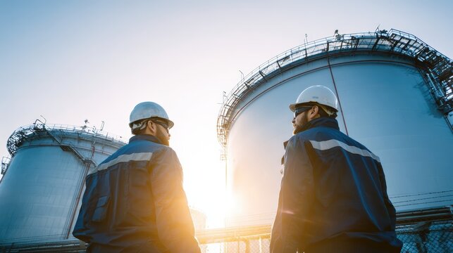 Professional engineers wearing safety helmets inspecting large sustainable aviation fuel storage tanks under bright daylight, industrial facility maintenance and renewable energy infrastructure.
