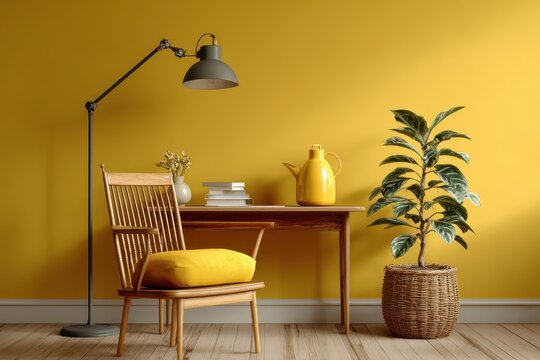 Bright yellow room features wooden desk, chair, bookcase, analog clock, and vintage camera against yellow wall with white door