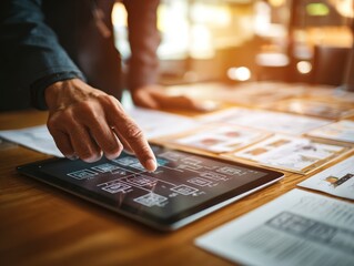 Close up view of business consultant hands pointing at detailed framework flowchart diagram on tablet screen, management consulting strategic planning and corporate analysis presentation concept.