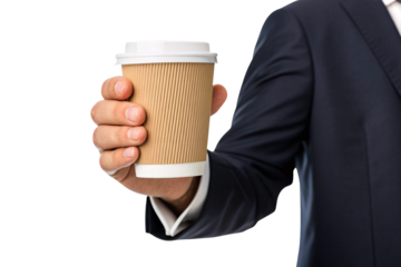 Man in dark suit holding disposable kraft paper coffee cup with white lid, isolated on a transparent background