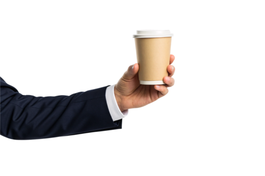 Person in navy business suit holding beige takeaway coffee cup with protective white lid, isolated on a transparent background