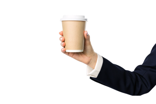 Professional in dark formal attire presenting brown disposable coffee cup with white lid forward, isolated on a transparent background