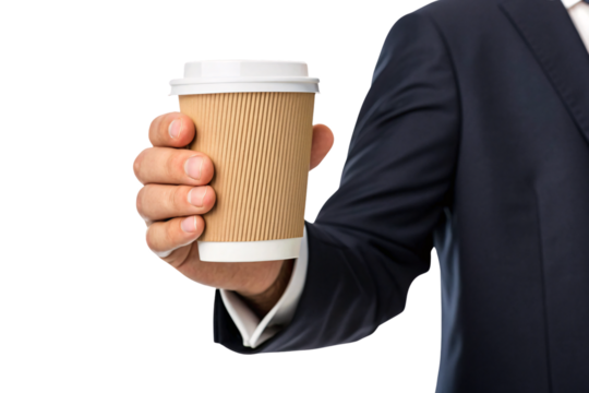 Man in dark suit holding disposable kraft paper coffee cup with white lid, isolated on a transparent background