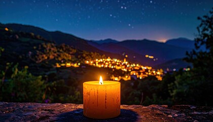 Nighttime Village Scene with Burning Candle